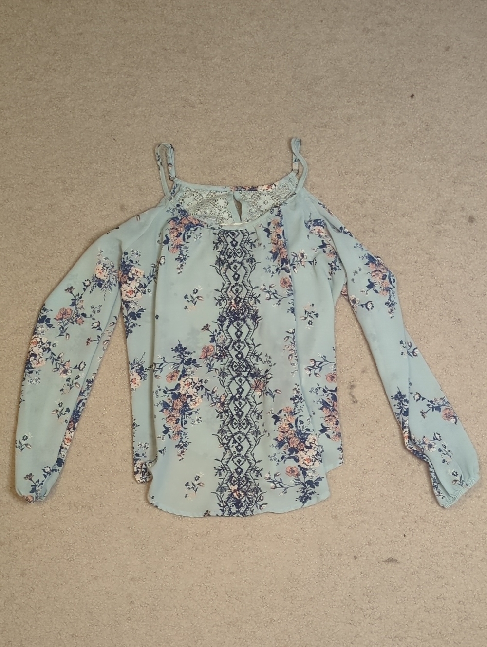 Rewind Light Blue Floral Cold-Shoulder Blouse with Lace Yoke